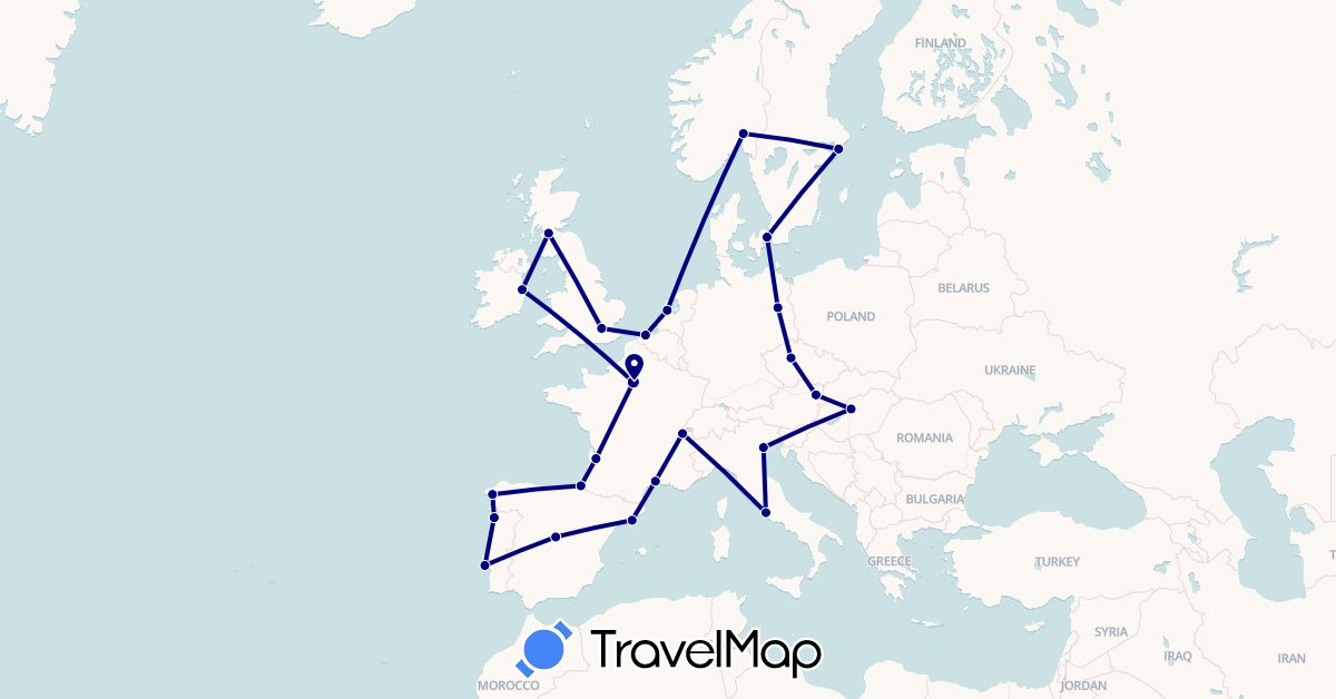 TravelMap itinerary: driving in Austria, Belgium, Switzerland, Czech Republic, Germany, Denmark, Spain, France, United Kingdom, Hungary, Ireland, Italy, Netherlands, Norway, Portugal, Sweden (Europe)